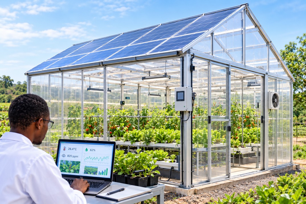 Development and Evaluation of a Smart Integrated Semi-Transparent CdTe Greenhouse for Crop Production